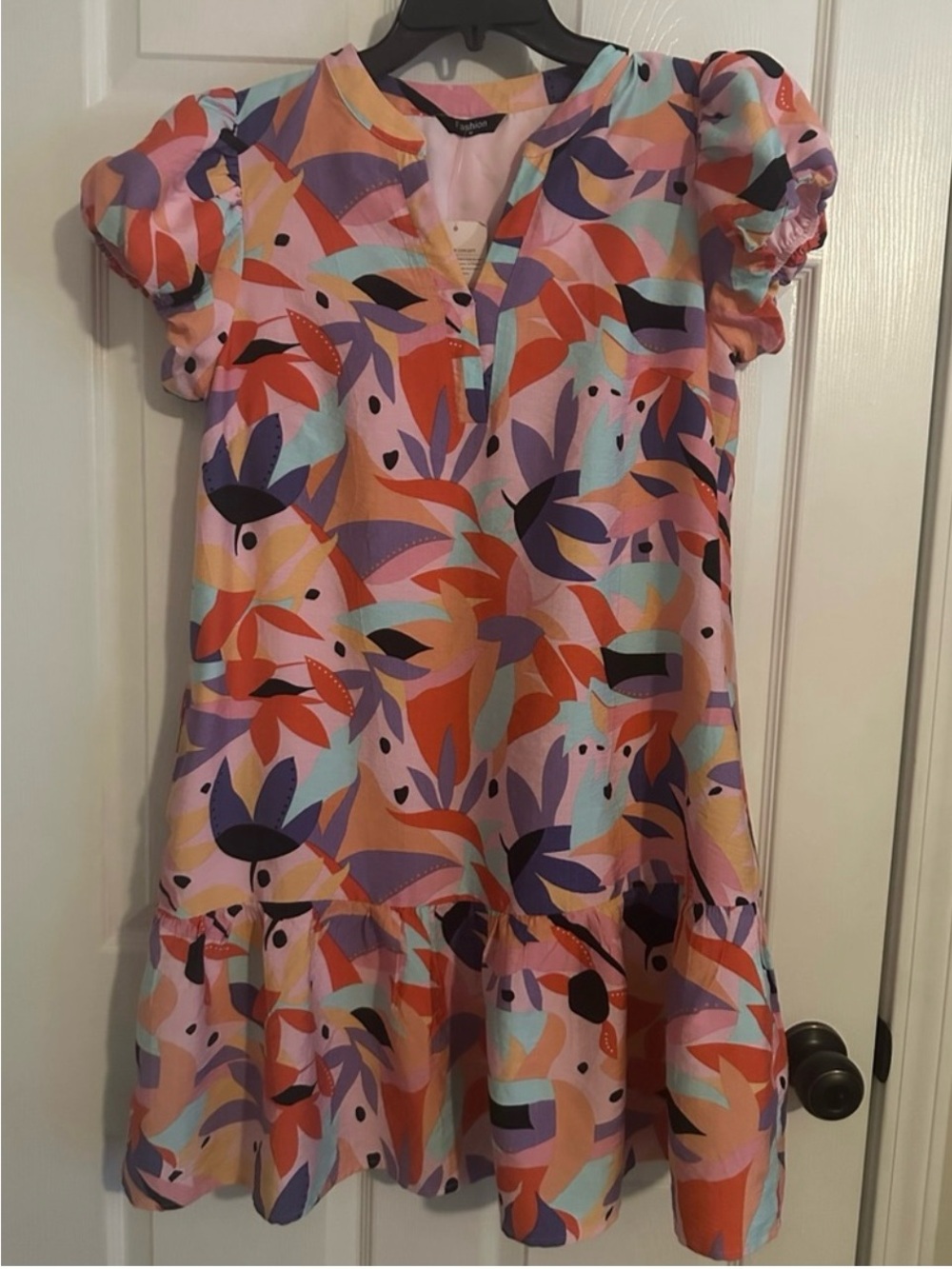 Women’s Pink Abstract Floral Puff-Sleeve Casual Dress